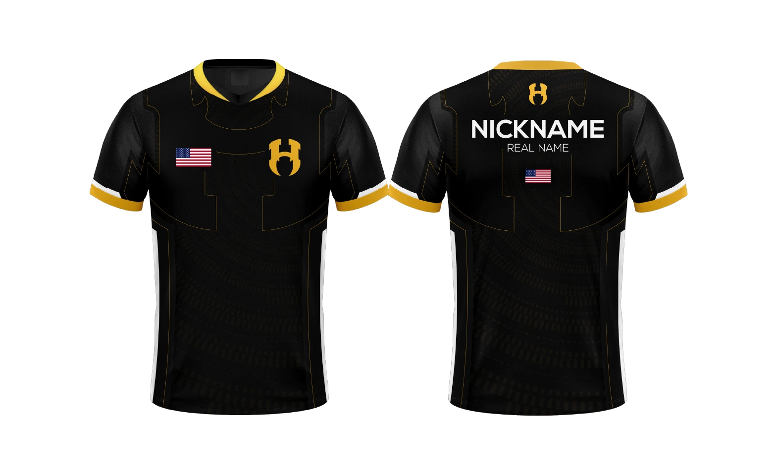 Black and gold esports jersey, front and back