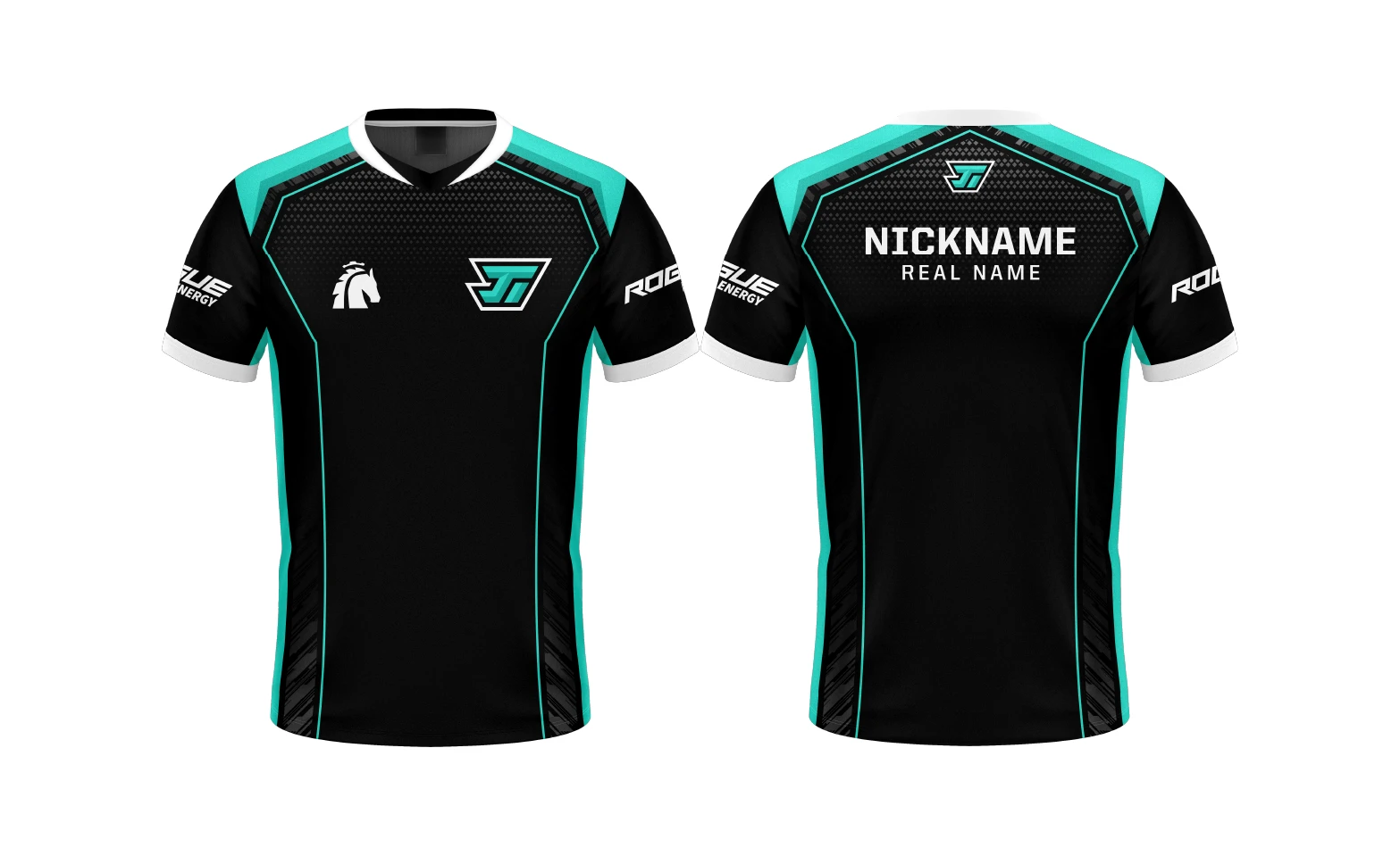 Black and teal esports jersey, front and back