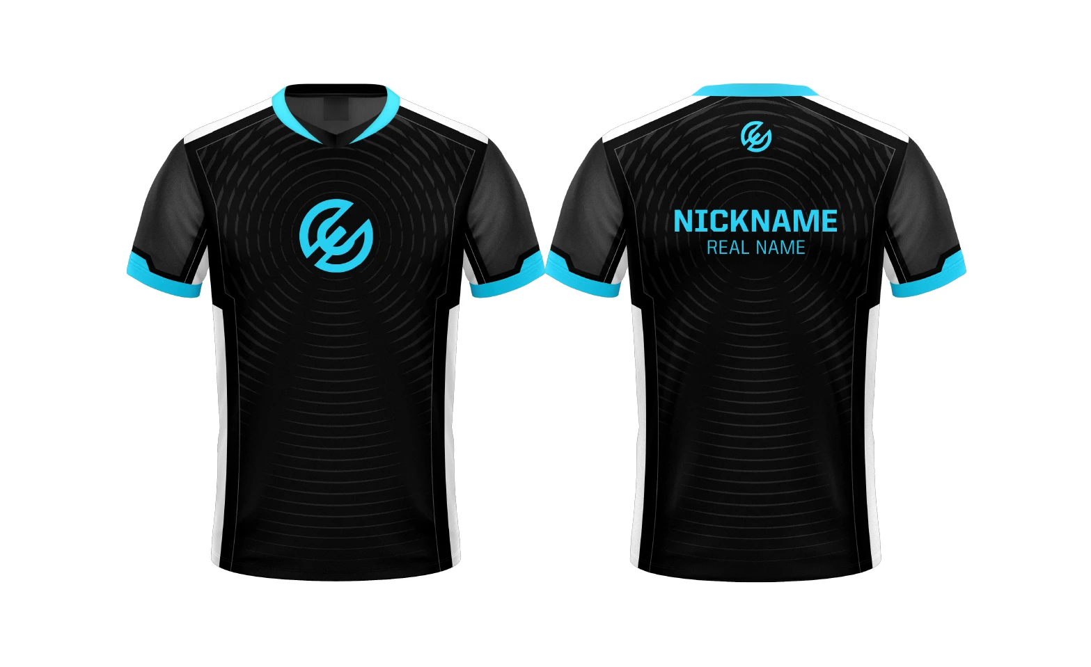 Black and blue esports jersey, front and back