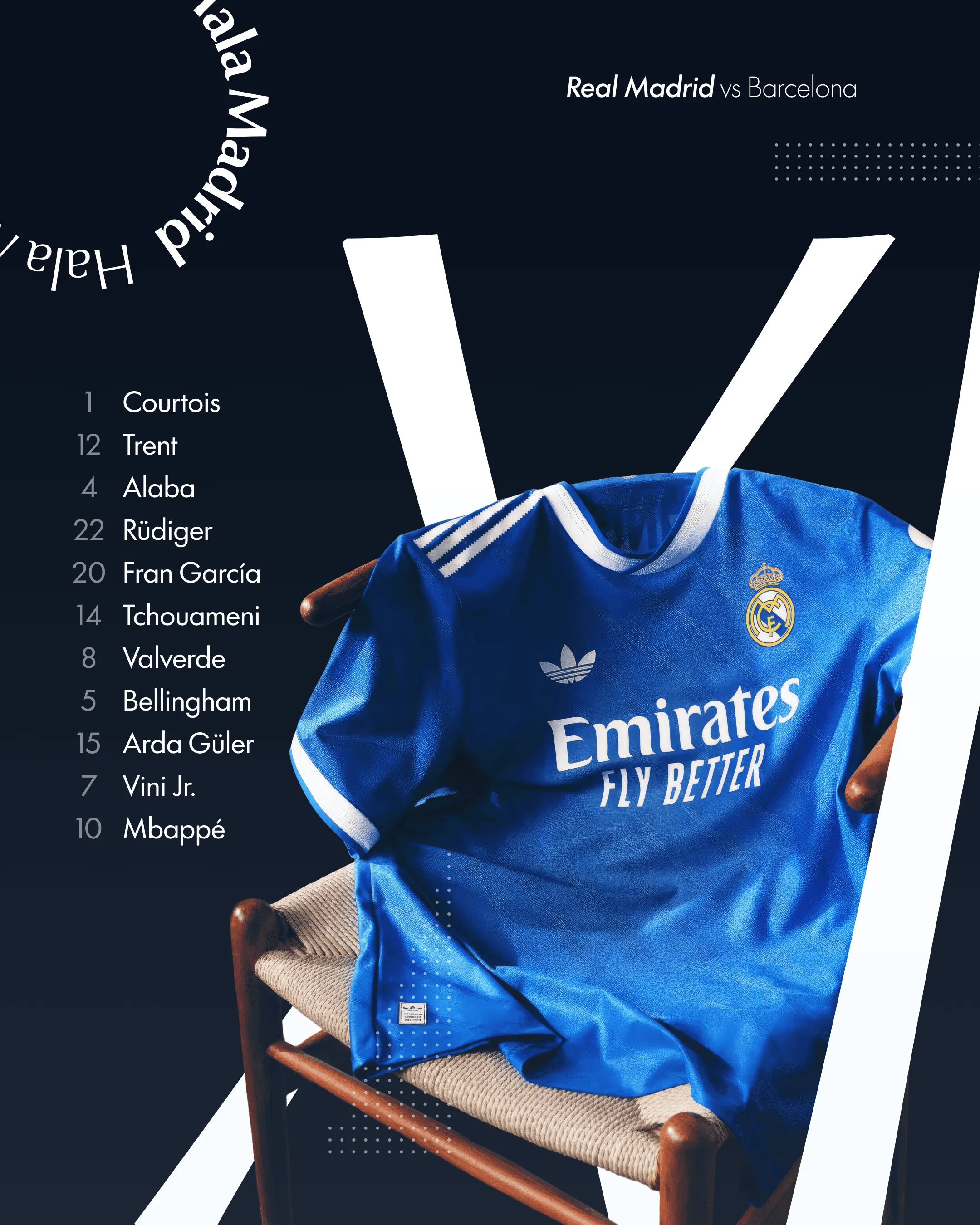 Starting XI poster with the Real Madrid home shirt on a chair