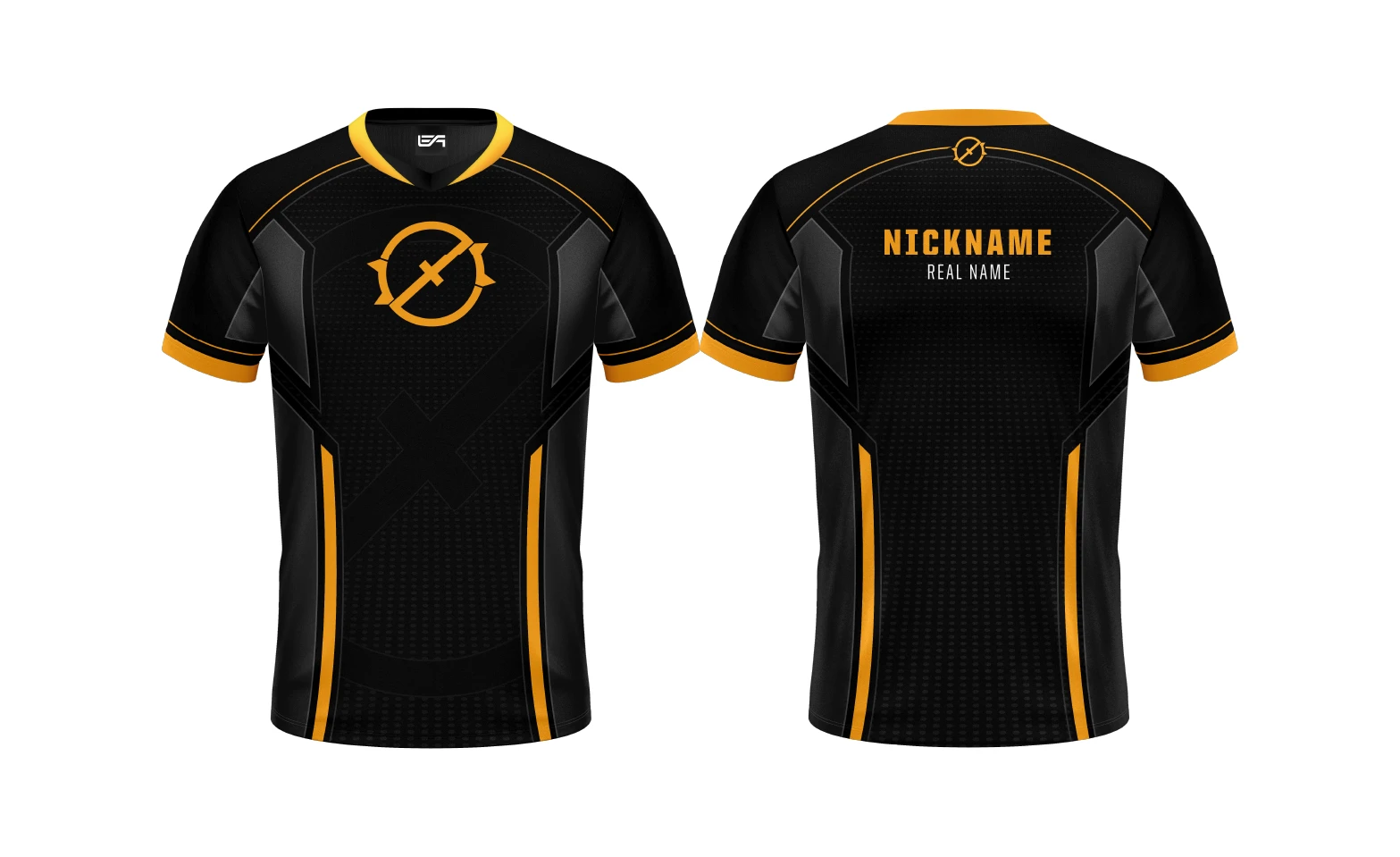 Black and orange esports jersey, front and back