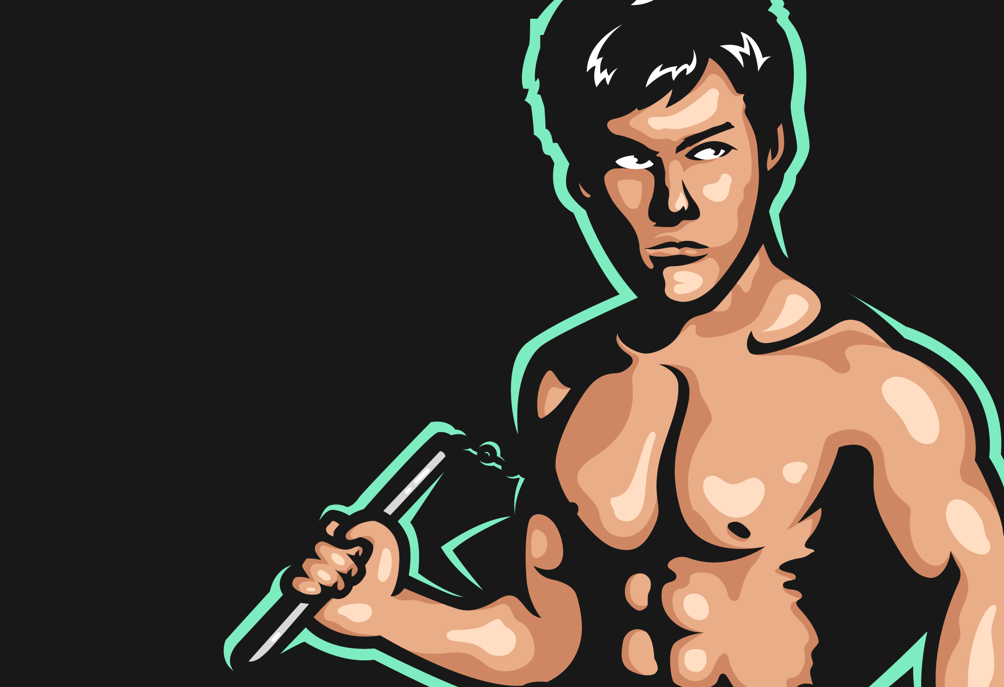 Martial artist with nunchaku, close-up detail